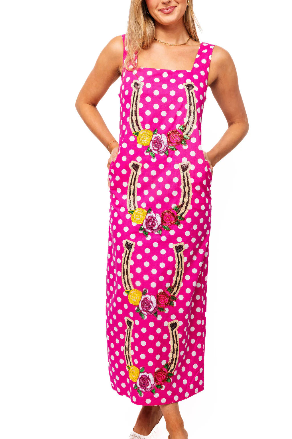 Polka Dot Rose Horse Shoe Cotton Midi Dress