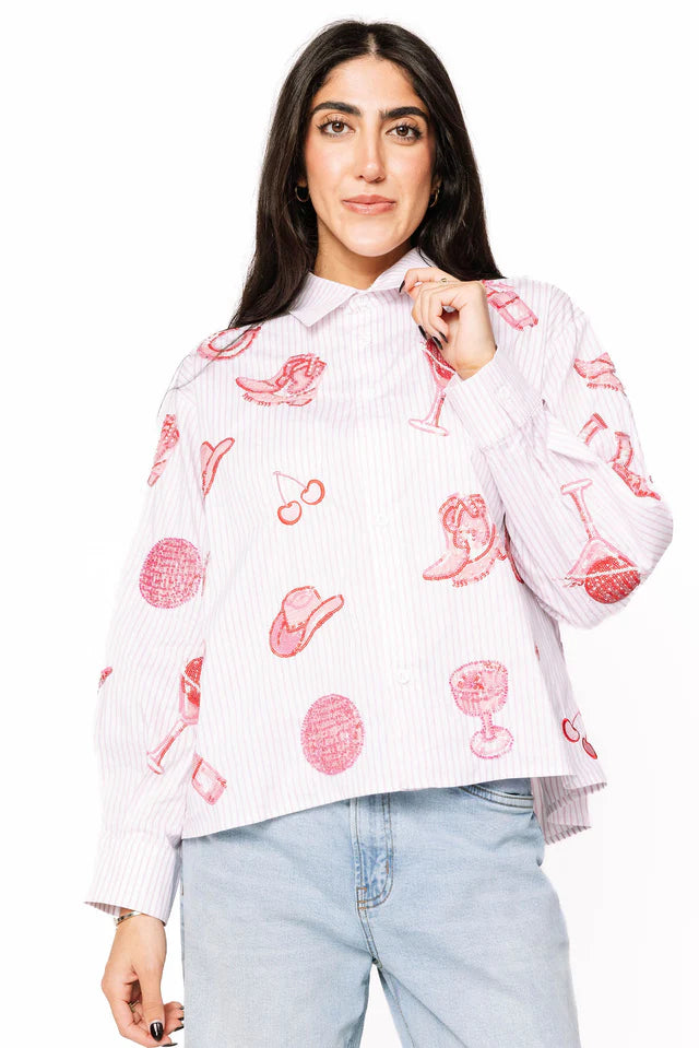 Striped Pink Disco Cowgirl Icon Collared Top