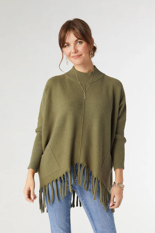 luxe flowy mock neck fringe sweater
