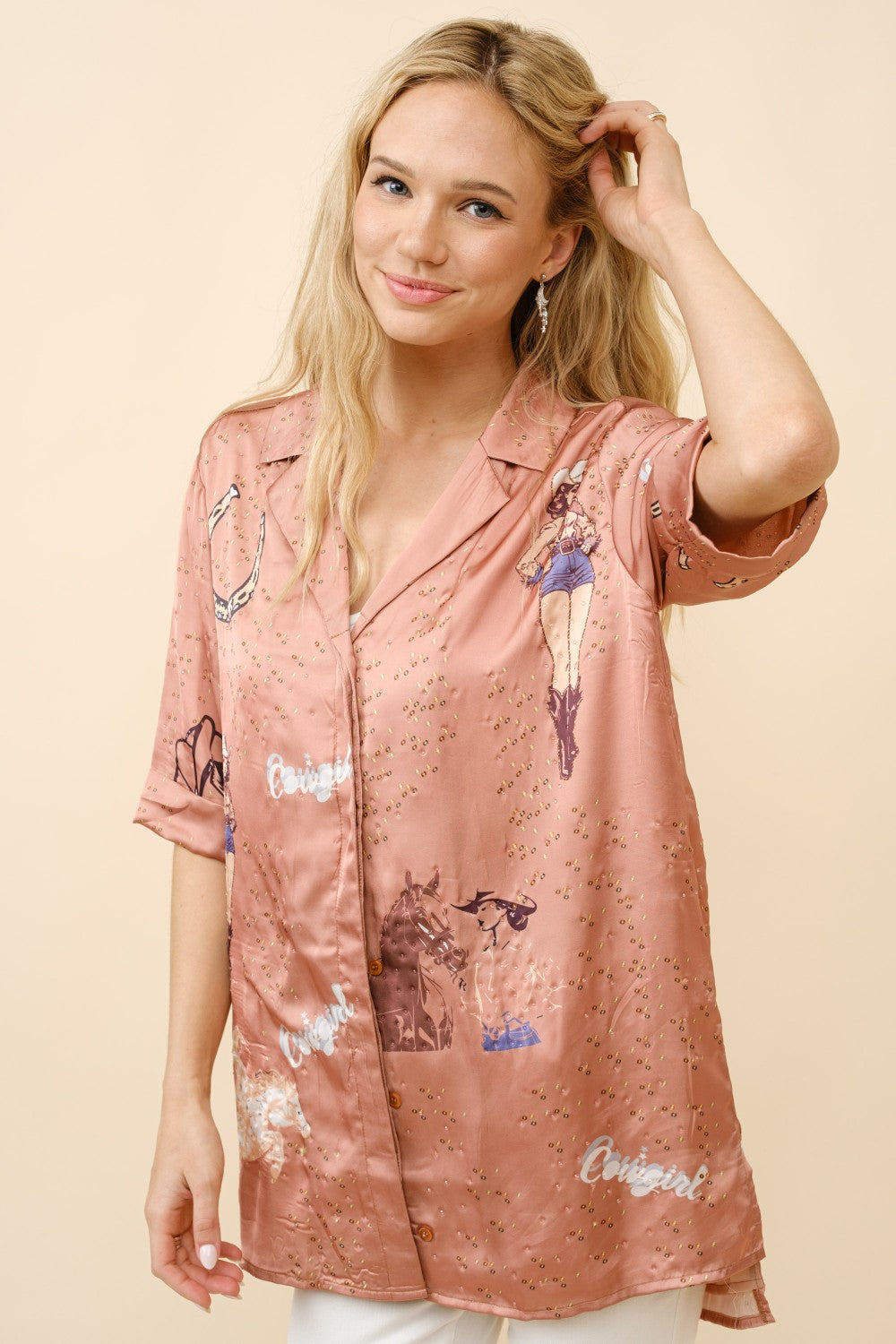 Satin Western Sequin Button Up