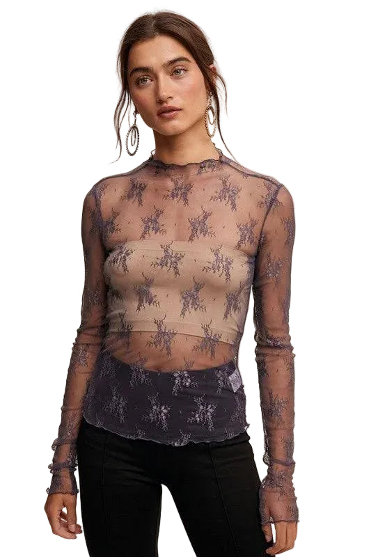 Lace Mock Neck Long Sleeve Layering Top