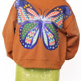 Brown Patchwork Butterfly Mock Neck Sweatshirt