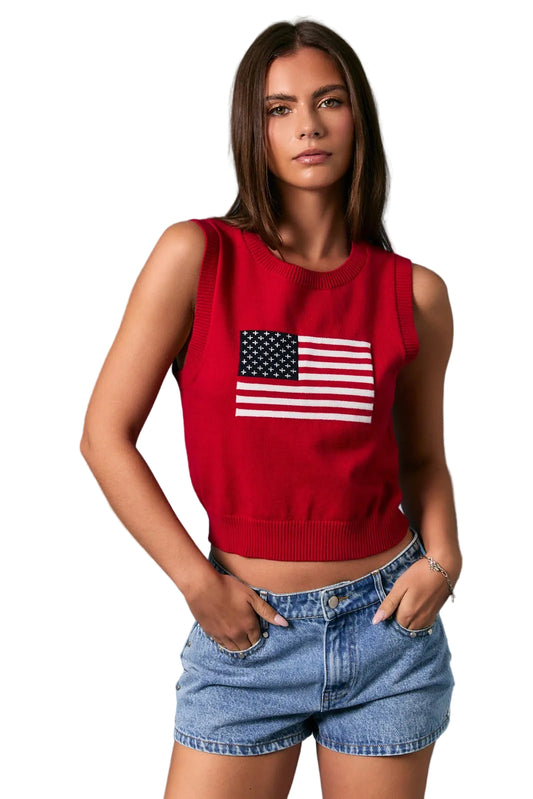 SLEEVELESS CREW NECK FLAG SWEATER CROP TOP