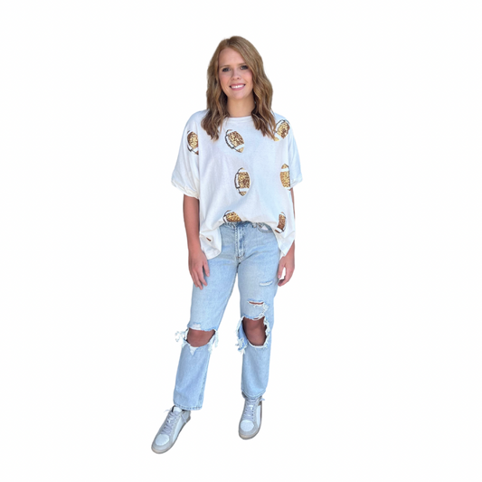 COTTON LOOSE FIT SHORT SLEEVE TOP WITH GOLD FOOTBALLS